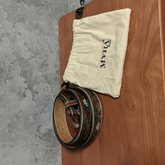 Myra Bag Cobalt Sea Hand-Tooled Leather Belt 4061 - Picture 4 of 5